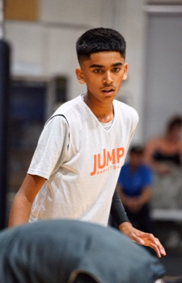 Basketball player in a defensive stance