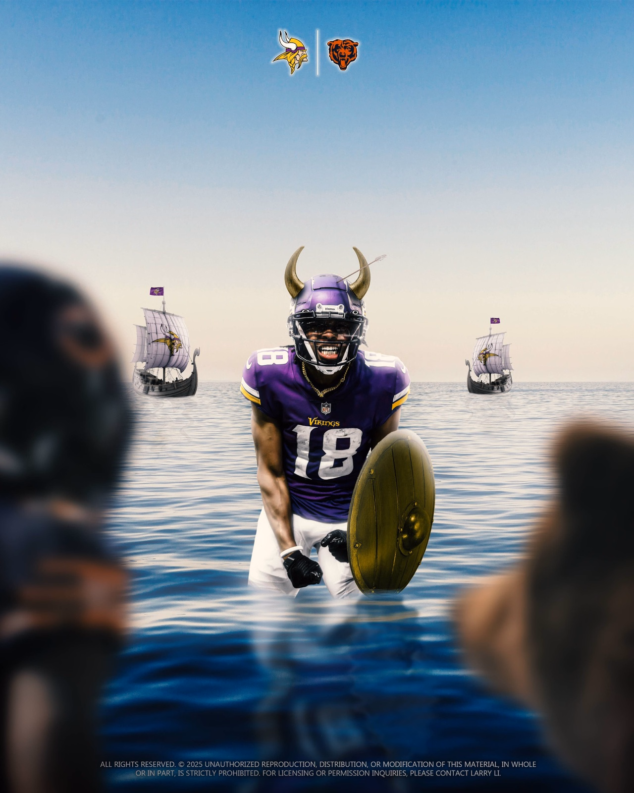 Vikings versus Bears graphic with a number 18 football player holding a shield in the sea, surrounded by Viking ships