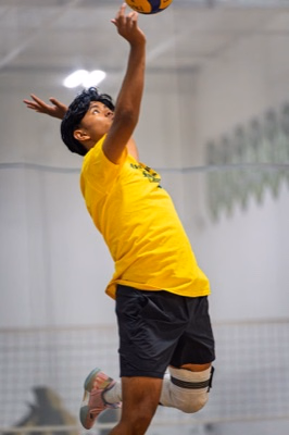Volleyball player reaching to spike at the net